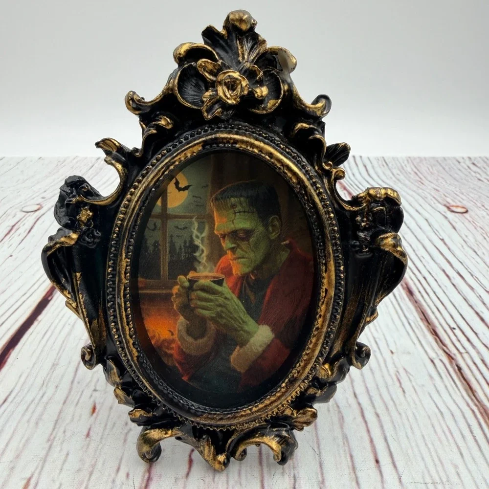Frankenstein Coffee Ornate Resin Frame Gothic Horror Decoupage Art Print 5in